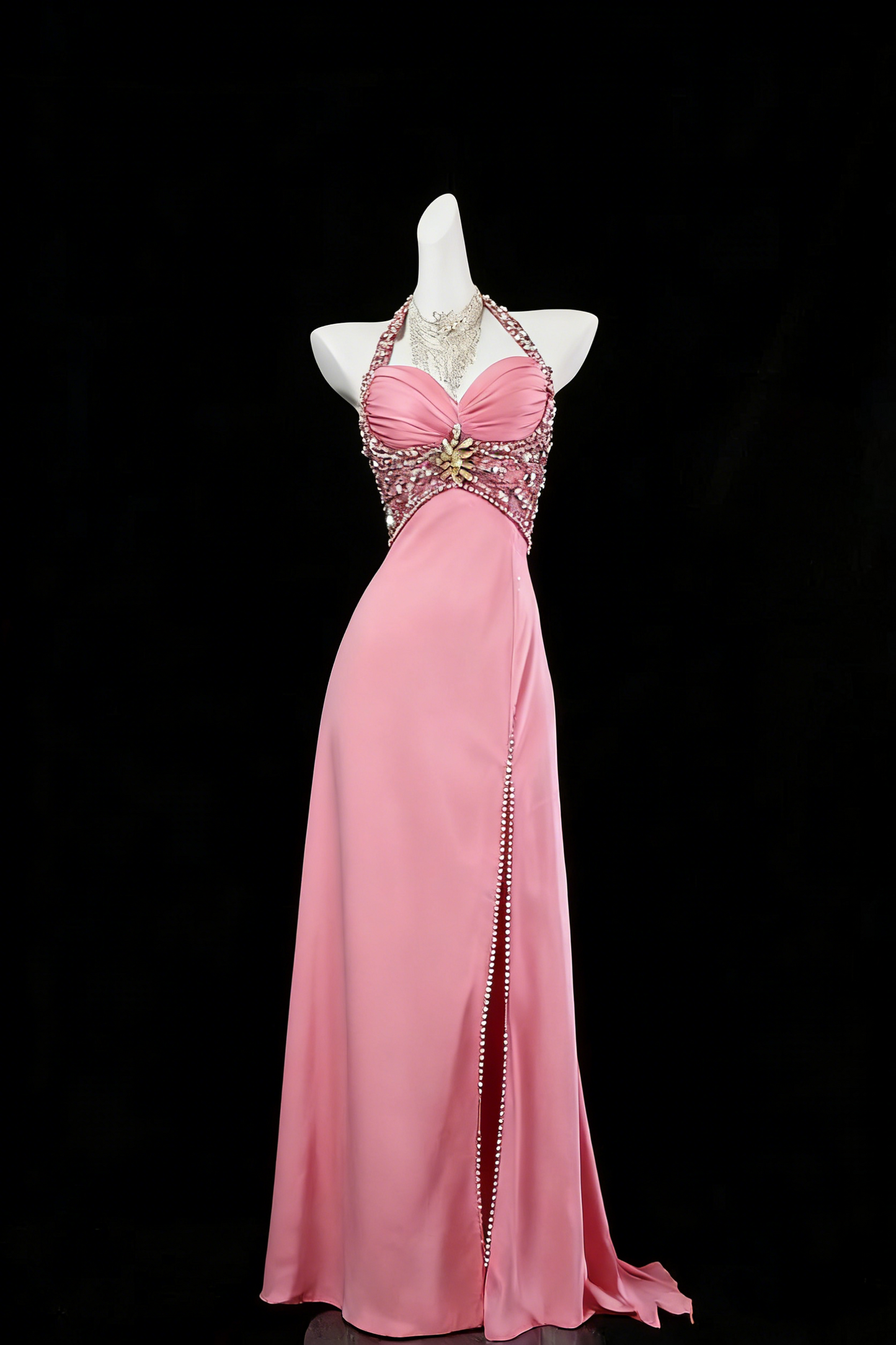 Hübsches Meerjungfrauen-Halterkleid, rosa Schlitz, langes Ballkleid, formelles Abendkleid N1630