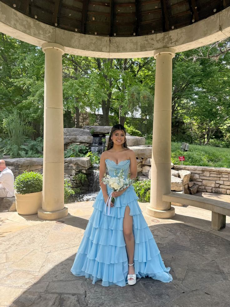 Attractive Ball Gown Basque Waist Corset Ruffle Blue Slit Prom Dresses AB377