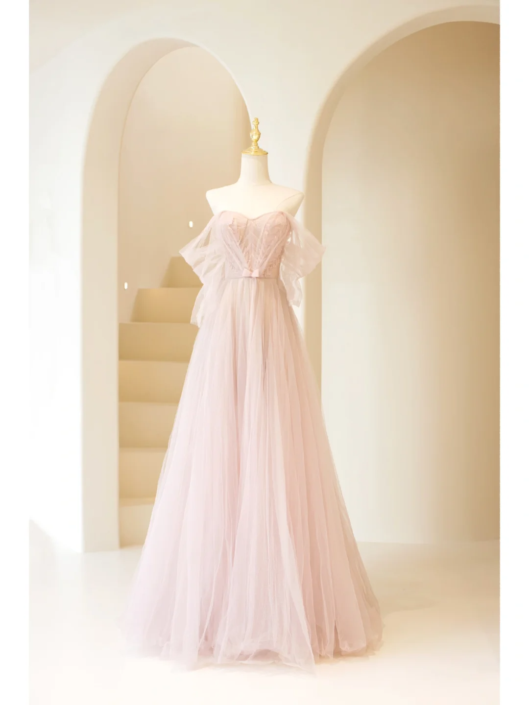 Robe de bal longue en tulle rose poudré, coupe trapèze, épaules dénudées, style AAB849