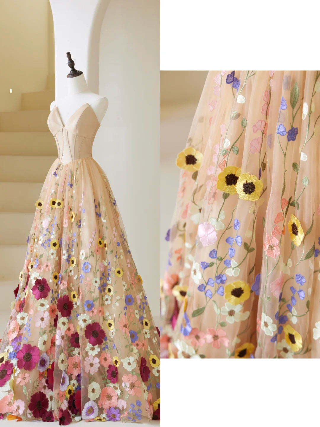 Robe de bal longue en tulle champagne à imprimé floral, décolleté cœur, idéale pour un 19e anniversaire. Modèle AB859.