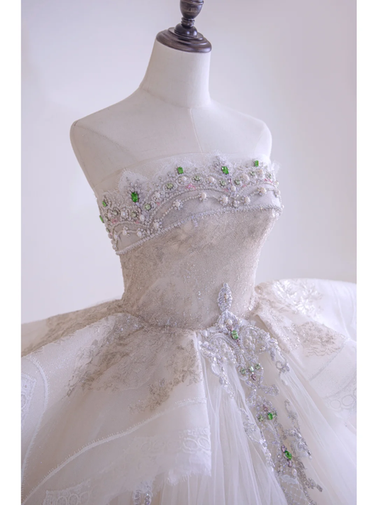 Timeless Women's Wedding Dress With Crystals Beads for Bride Lace Applique Bride Dress Strapless Ball Gowns AB876
