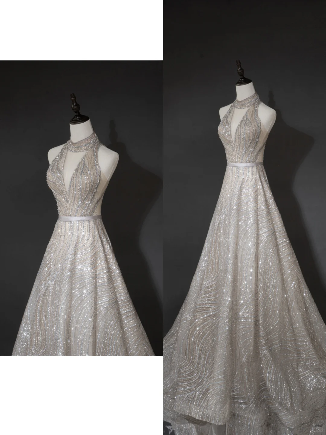 Timeless A line Women's Silver Wedding Dress With Sequin V Neck Bride Dress AB879