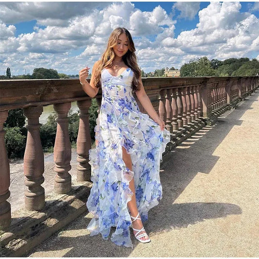 Mermaid Prom Dresses Spaghetti Straps Sexy Special Dress Blue Floral Party Gowns AB991