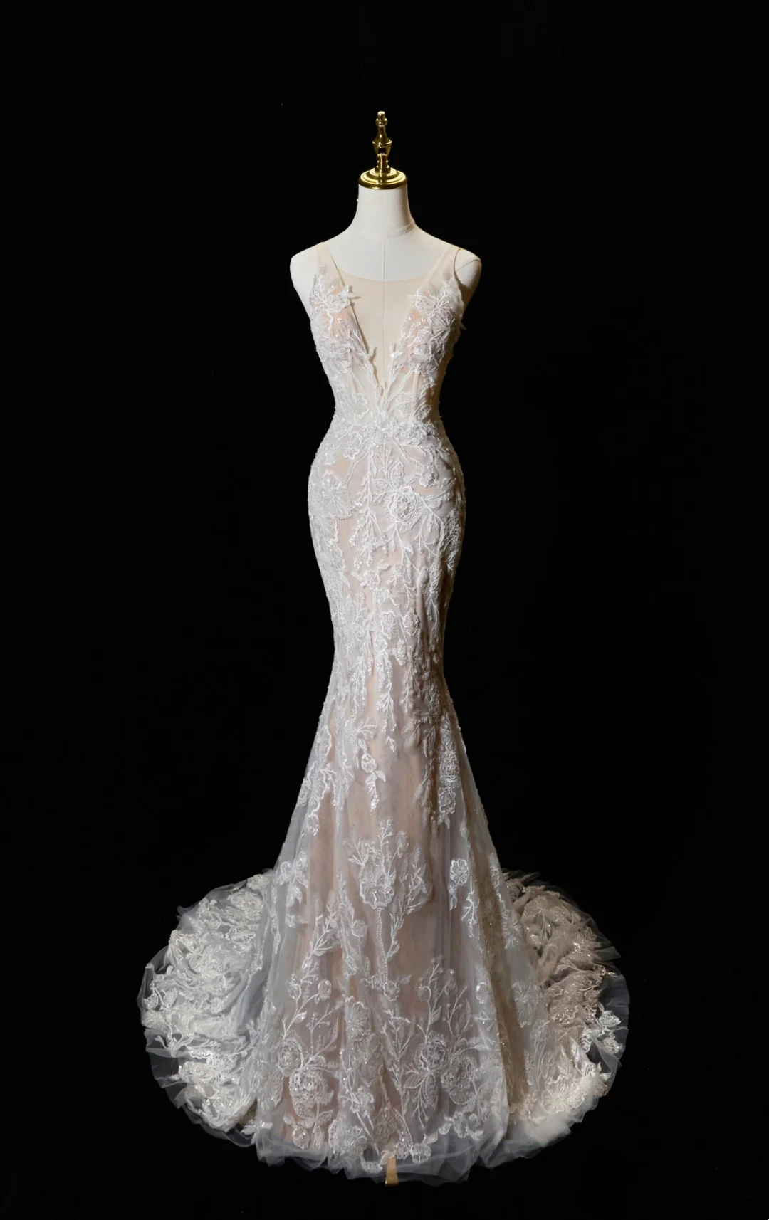 Timeless Women's Mermaid Spaghetti Straps Champagne Wedding Dress Mermaid Lace for Bride Applique Brides Dresses AC14