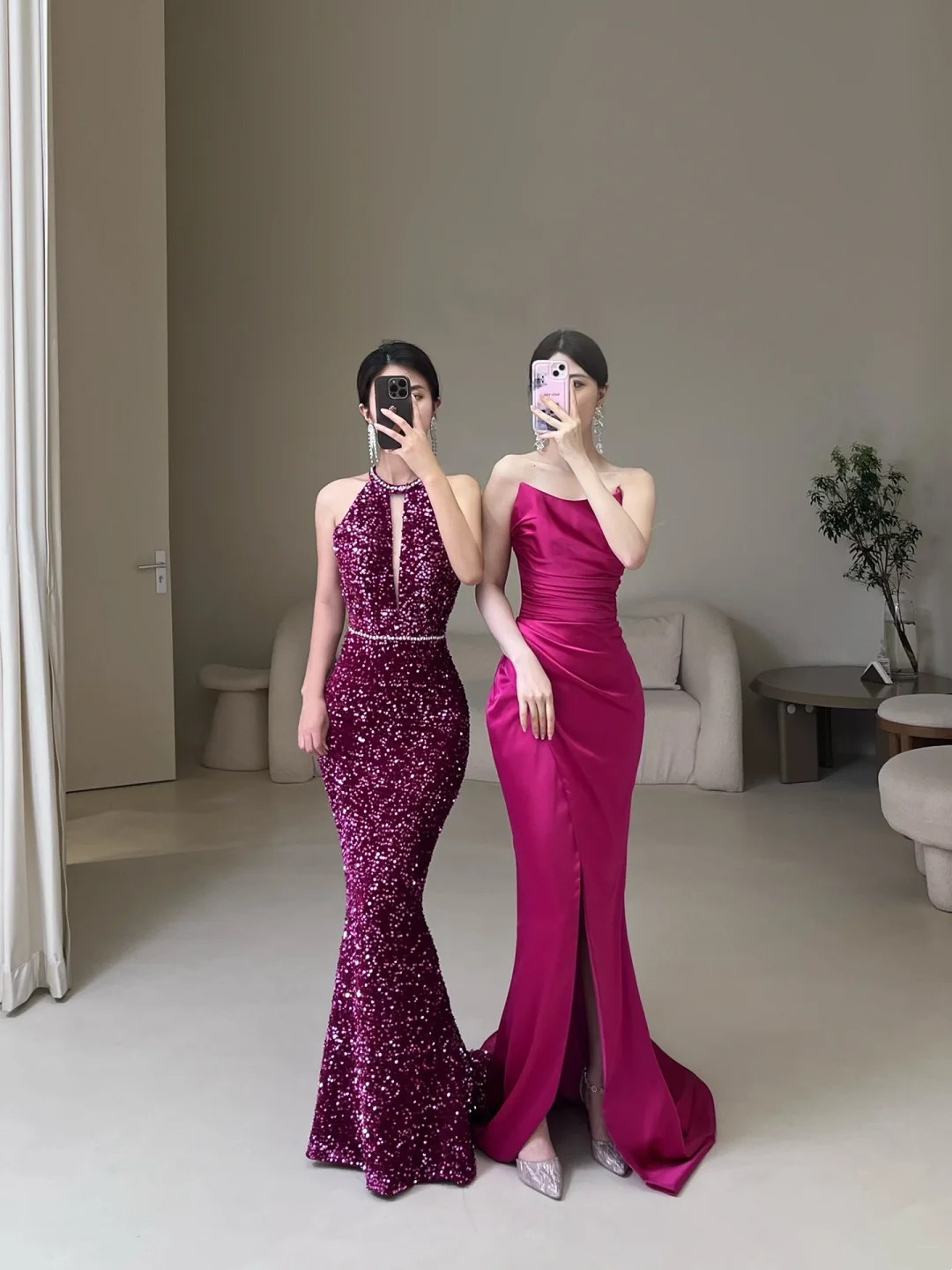 Modest Mermaid Strapless Fuchsia Sequin Prom Dresses Long Party Dress Evening Dresses ACC27