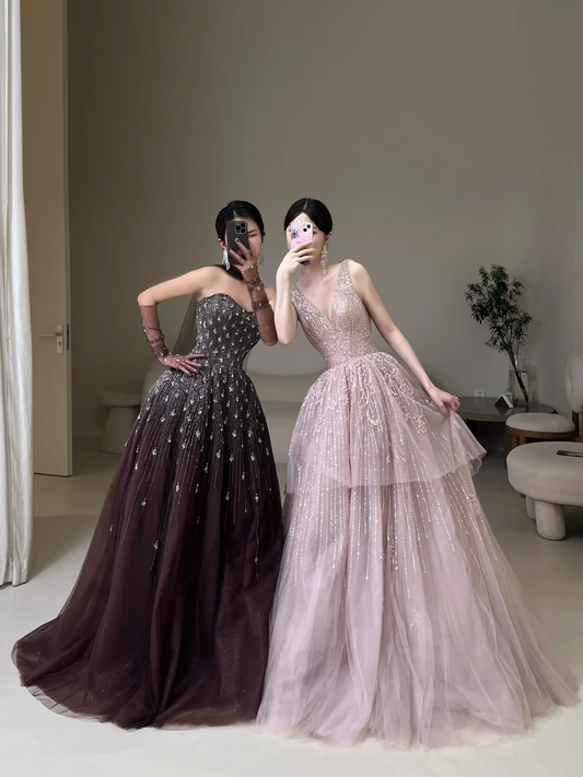 Robe de bal modeste sans bretelles en tulle chocolat ornée de perles, robe de soirée longue AC027