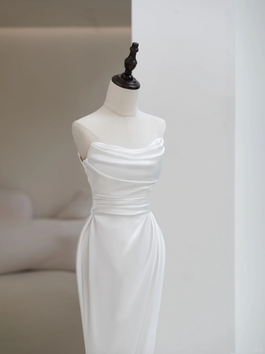 Simple Women's White Mermaid Strapless Sleeveless Satin With Slit Wedding Dresses for Brides Dress AC045