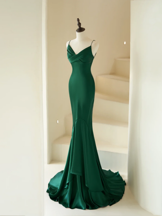 Elegantes Meerjungfrauen-Spaghettiträgerkleid mit Perlen, langes dunkelgrünes Satinkleid für Damen, Partykleid, formelles Ballkleid, Outfit zum 22. Geburtstag AC065