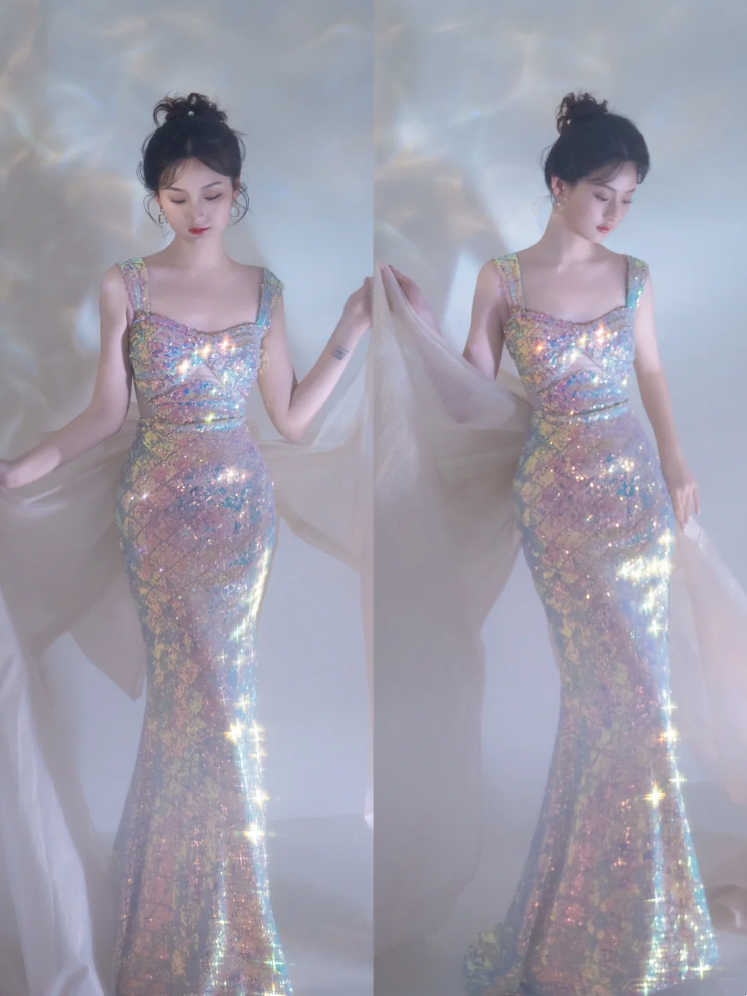 Elegantes Meerjungfrau-Abendkleid mit quadratischem Ausschnitt, ärmellos, Pailletten, lang, bodenlang, Inspiration, Ballkleider B106