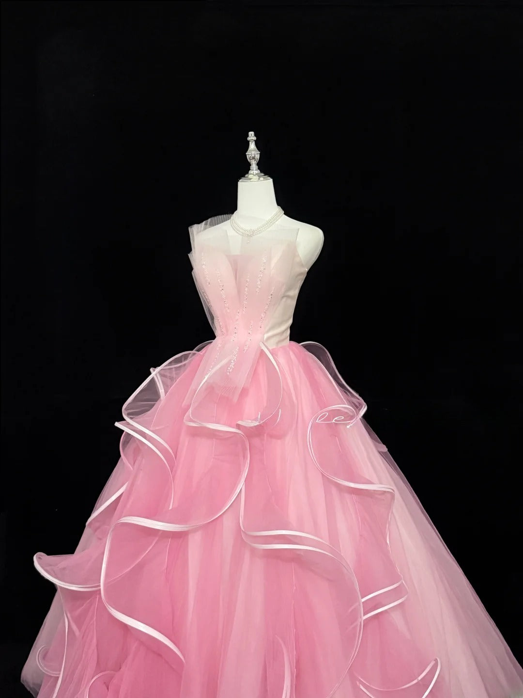 Princess Prom Dresses Ball Gown Strapless Pink Tulle Sweet 16 Evening Long Formal Dress RB7375
