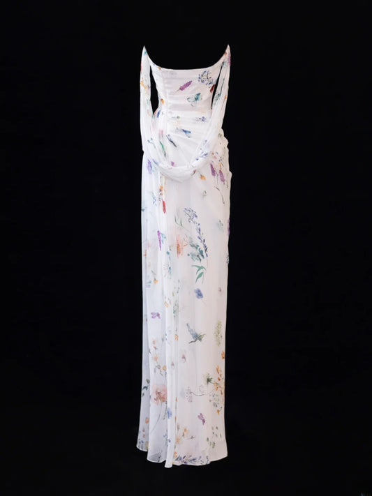 Floral Prom Dress Aesthetic Sheath Strapless With Pleated Style Impress White Long Prom Dresses Party Formal Gowns SA003