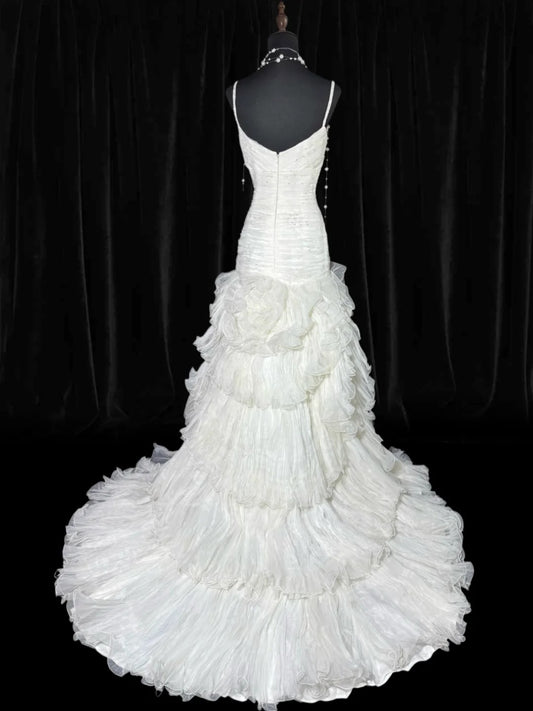 Charming Women's Mermaid Spaghetti Straps Sleeveless White Tulle Pleated With Beads Long Vintage 1920s Wedding Dresses AS005