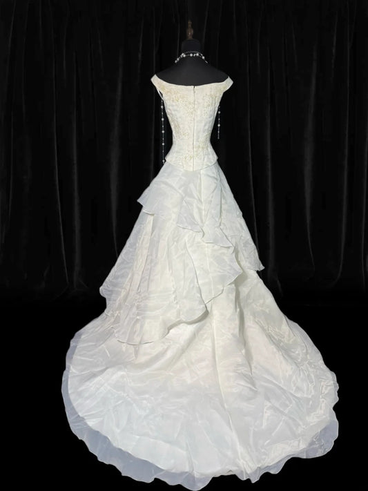 Vintage Wedding Gowns 1960s Dresses Simple Ball Gown Off The Shoulder for Bride With Beads Train White Petite/Plus Size Bridal Gown AS007