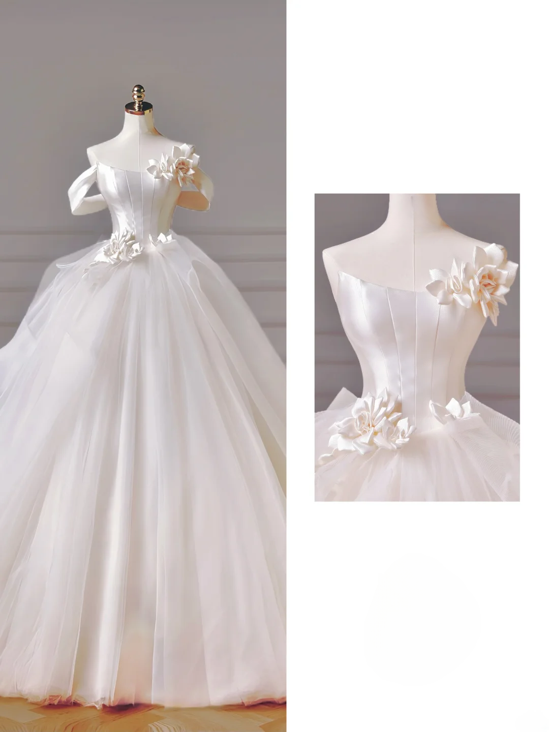 Robe de mariée longue de princesse, robe de bal épaules dénudées, manches courtes, tulle plissé, traîne fleurie, robe de mariée blanche AQ008
