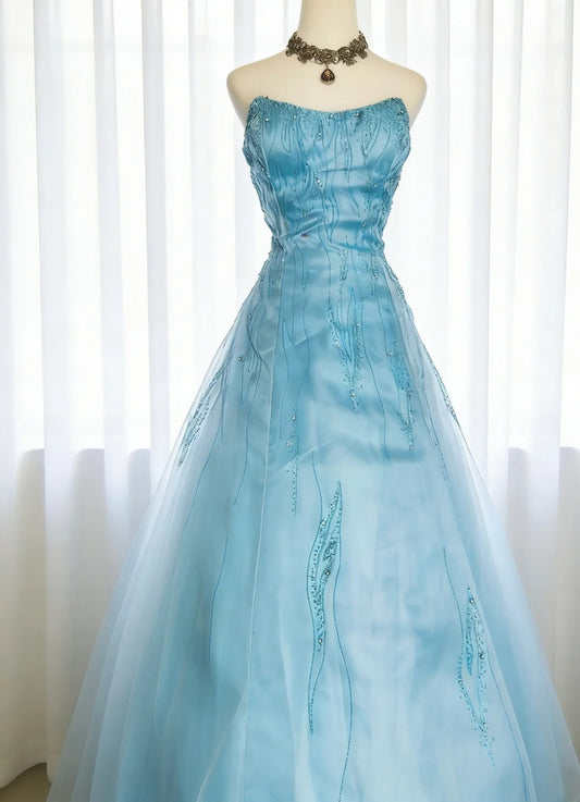 Robe de bal unique sans bretelles en tulle bleu style années 90 avec corsage perlé pour femme, robe de bal longue, robe d'anniversaire pour les 20 ans AS009