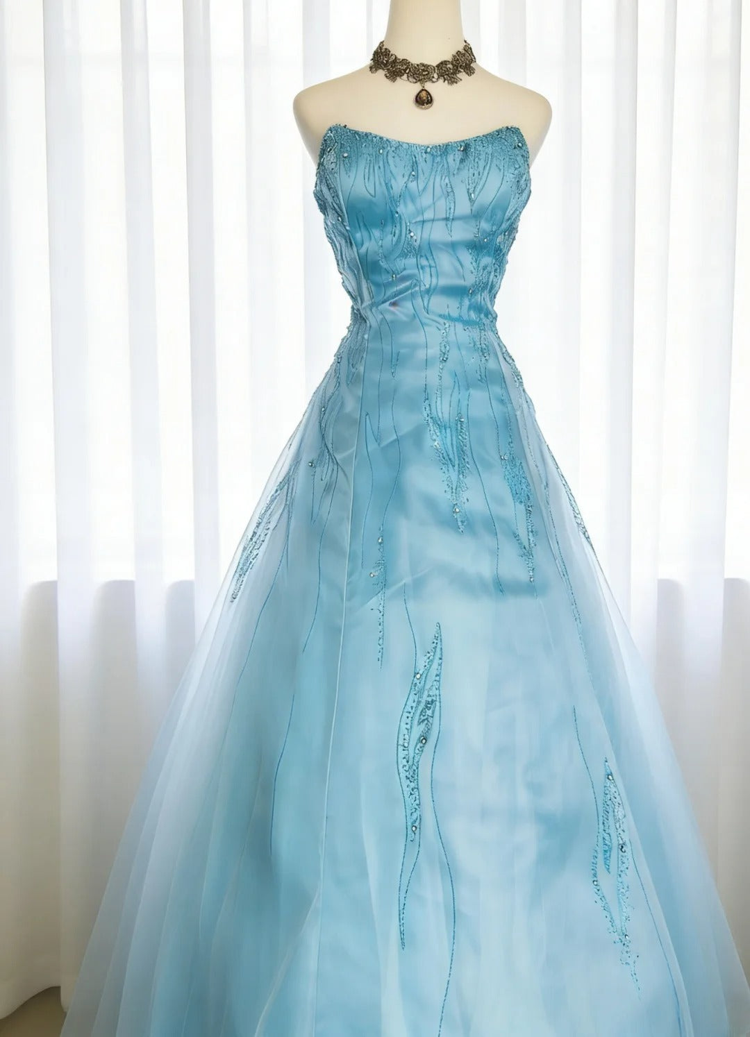 Einzigartiges trägerloses Ballkleid aus blauem Tüll im 90er-Jahre-Stil mit perlenbesetztem Oberteil, langes Abendkleid für Damen, auch ideal zum 20. Geburtstag oder als Ballkleid (AS009).