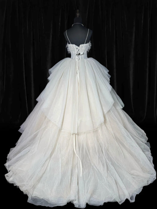 Ethereal Wedding Gowns Brides Dresses Ball Gown Spaghetti Strap for Bride Tulle White Petite/Plus Size Bridal Gown With Feathers For Women AS009