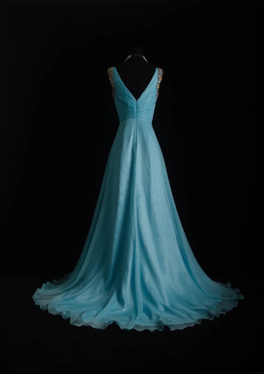 Vintage Prom Dresses 90s Formal A line V Neck Blue Chiffon Long Party Gowns Prom Dresses AS011