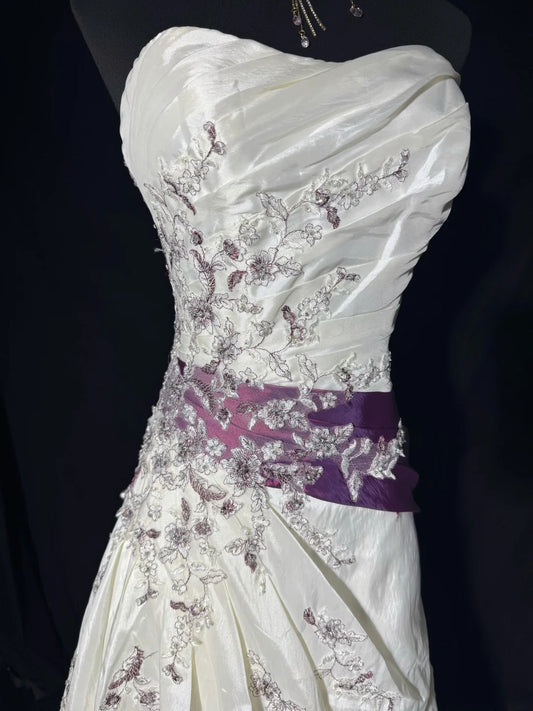 Timeless Women's Mermaid Strapless Sleeveless White Satin Tiered Pleated With Appliques Long Vintage Corset Fitted 1920s Wedding Dresses AS012