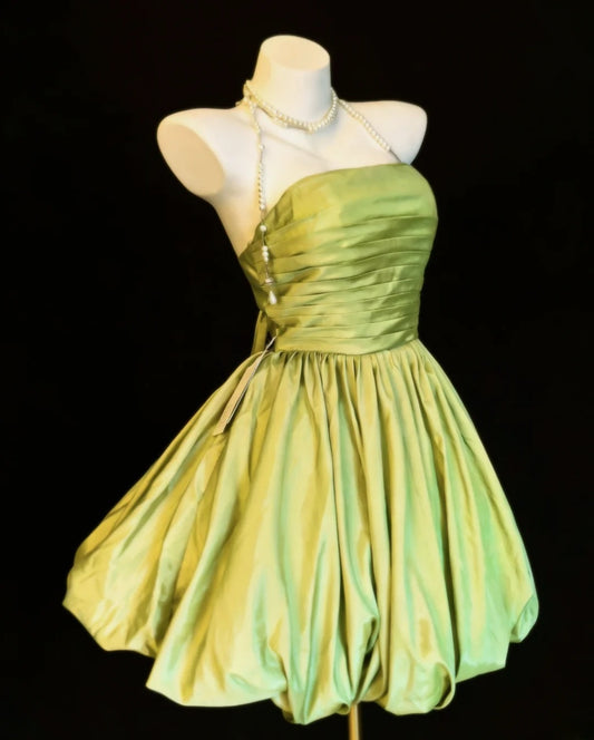 Vintage Ball Gown Strapless Green Satin Hoco Gowns Short 16th Birthday Dress Homecoming Dresses Cocktail Gown AS015