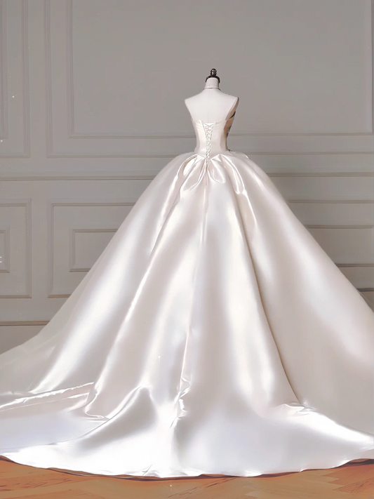Princess Long Wedding Gowns Ball Gown Sweetheart Pleated Satin for Bride With Beads White Bridal Dress AQ016
