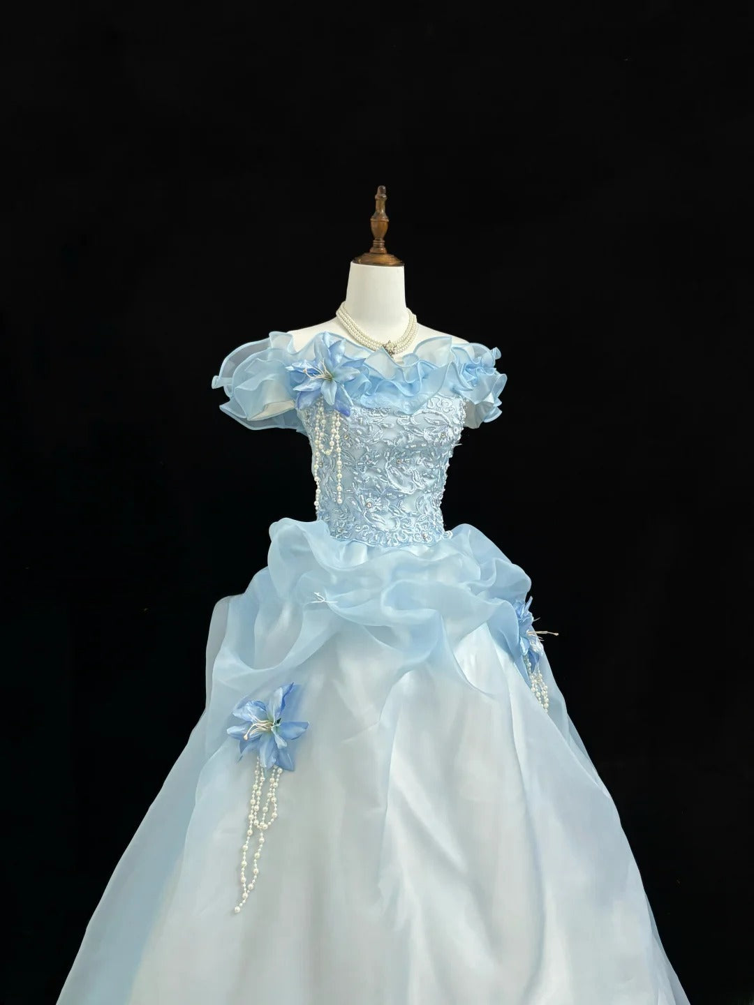 Fairytale Prom Dresses Ball Gown Off The Shoulder Blue With Lace Organza Evening Long Formal Dress RB7390