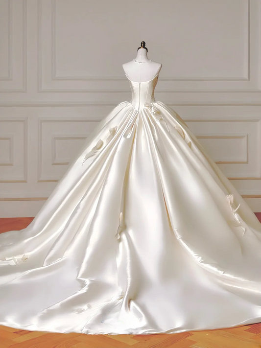 Princess Long Wedding Gowns Ball Gown Sweetheart Pleated Satin for Bride With Removable Sleeves White Bridal Dress AQ019