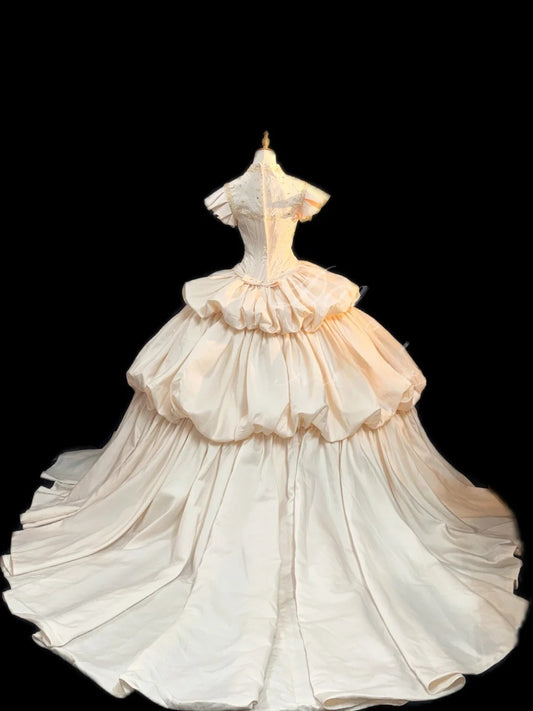 Ethereal Ball Gowns High Neck Ivory Satin With Gold Beading Court Train Wedding Dresses RB3365