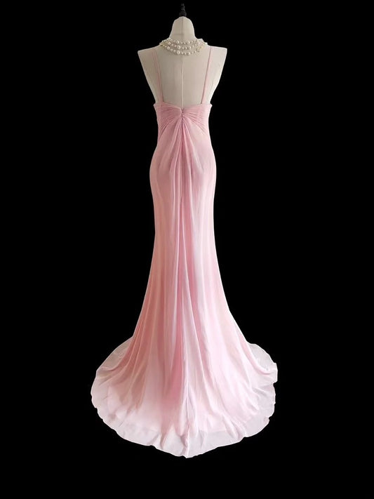 Classic Mermaid Halter Pink Chiffon Sleeveless Long Prom Dresses High School Senior Graduation Dance Evening Outfits AS024