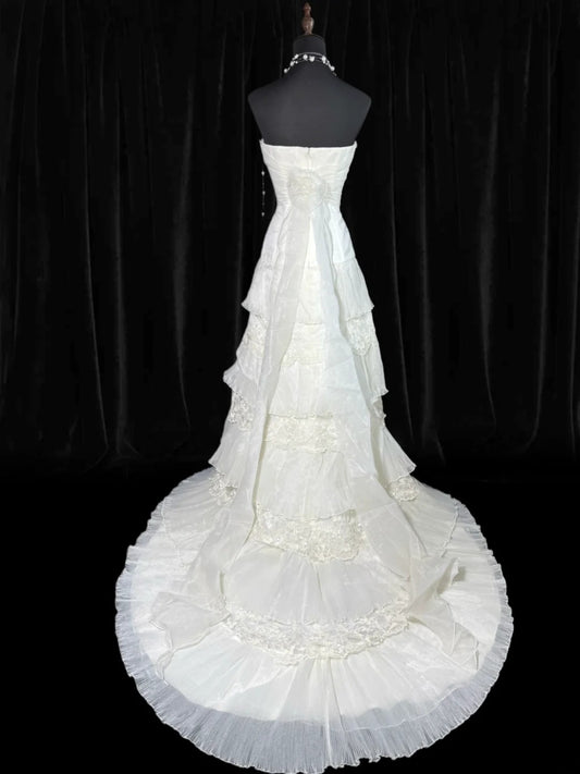 Timeless Women's A Line Strapless Sleeveless White Lace Tiered Long Vintage Fitted 1920s Wedding Dresses AS028