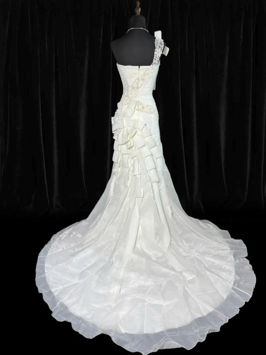 Vintage Wedding Gowns 1960s Dresses Simple Mermaid One Shoulder Style for Bride With Bow-knot Train White Petite/Plus Size Bridal Gown AS029