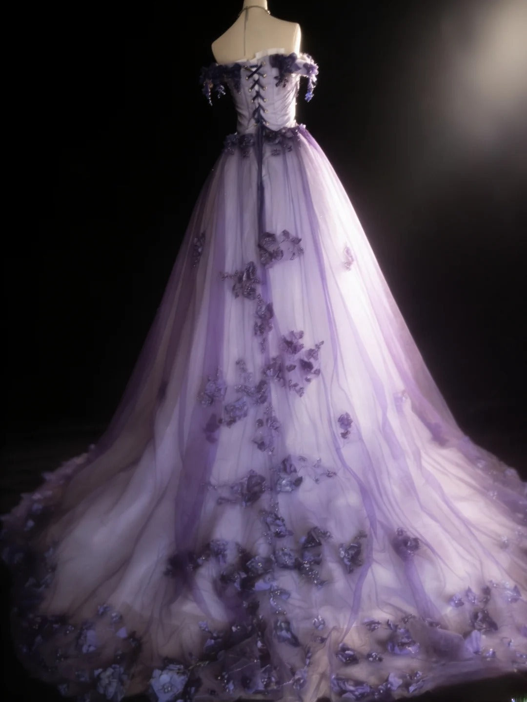 Vintage Ballkleid, schulterfrei, lila Tüll, langes Kleid für Quinceañera, Sweet 15 oder 16 Geburtstag, AS031