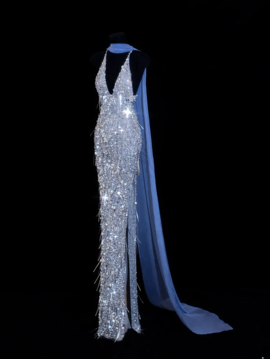 Preiswertes, paillettenbesetztes, formelles Meerjungfrauenkleid im Stil der 1950er Jahre mit V-Ausschnitt und Neckholder in Blau und Perlen – ein beeindruckendes langes Ballkleid oder Abendkleid für Partys und festliche Anlässe (SA031).