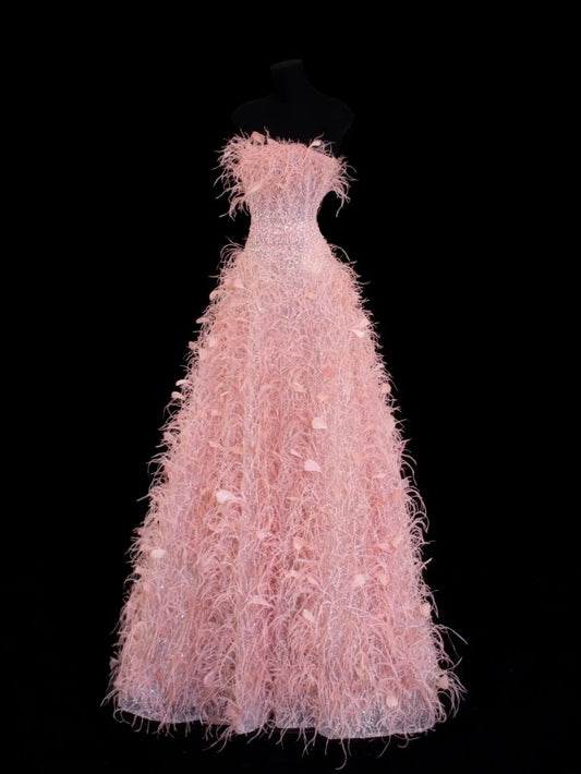 Modest Prom Dress Aesthetic Ball Gowns Strapless Tulle Pink With Feathers Style Impress Long Prom Dresses Party Formal Gown SA033