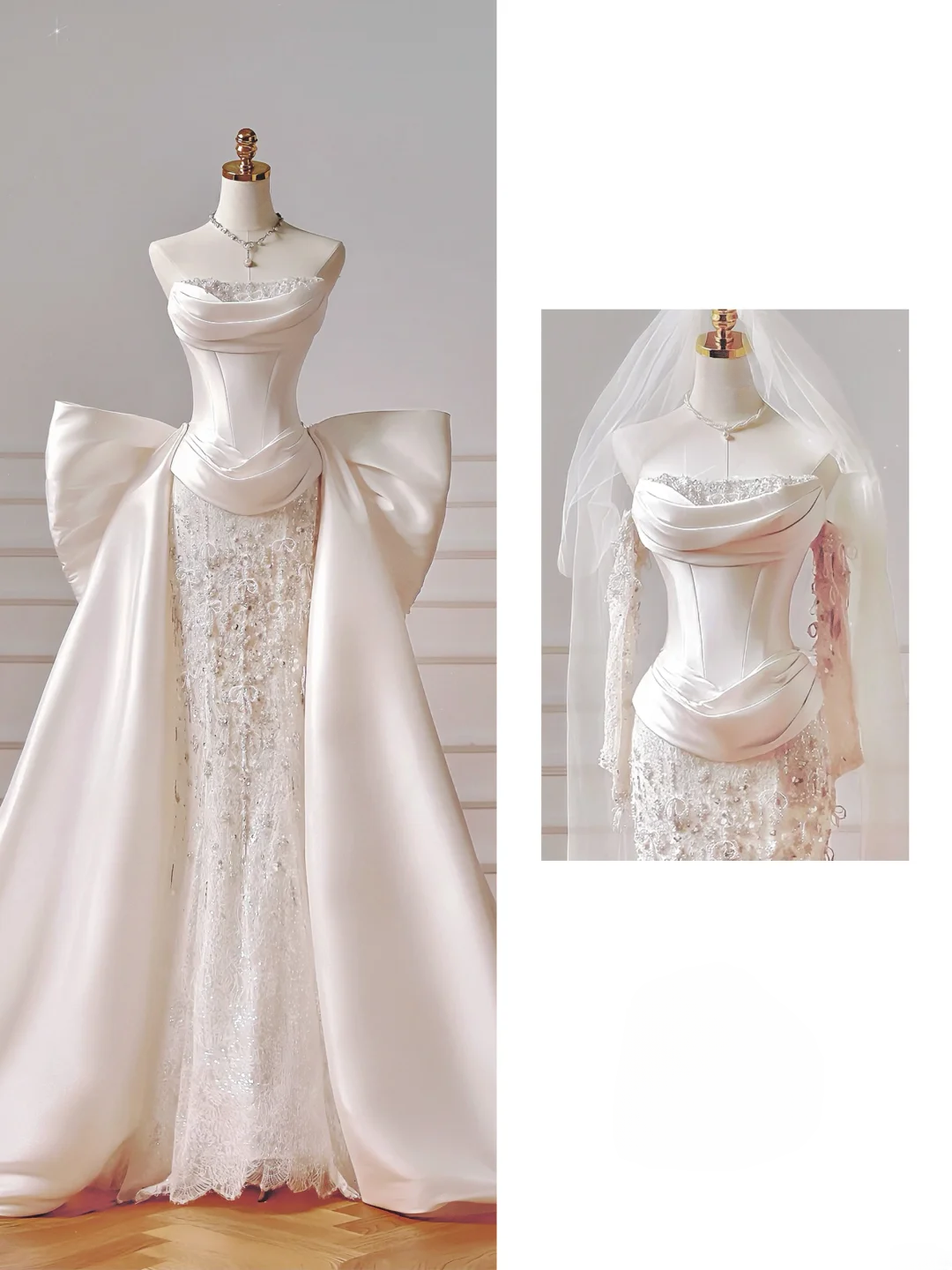 Zeitloses, trägerloses Etuikleid aus Satin mit tiefer Taille, Falten und Schleife – ein figurbetontes, langes Brautkleid mit Faltenrock (AQ035).