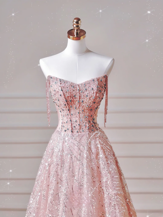 Modest Prom Dresses Aesthetic Ball Gown Off The Shoulder Pink Sequin Corset Fitted Impress Long Party Formal Gown For Teens High Schools Girls AQ036