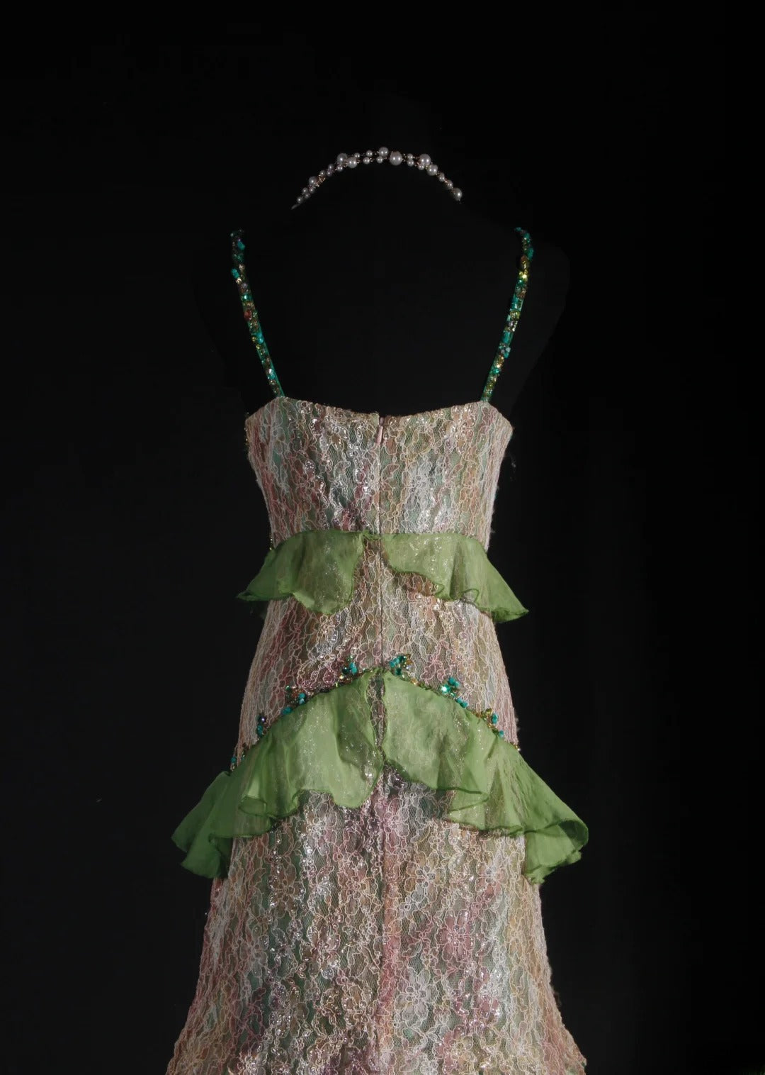 Vintage 90er Jahre Ballkleid Damen Meerjungfrau Spaghettiträger Grüne Spitze Langes formelles Abendkleid AS037