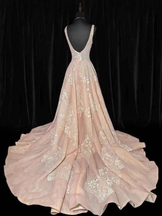 Dreamy A line Square Neck Pink Tulle With Appliques Lace Victorian Long Vintage Fitted 1920s Wedding Dresses AS037