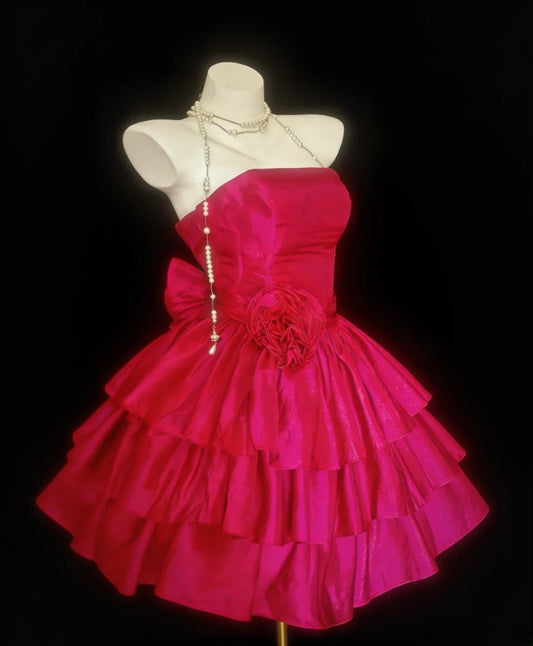Vintage Ball Gown Strapless Hot Pink Satin Hoco Gowns Short Birthday Dress Homecoming Dresses Hoco Gown AS038