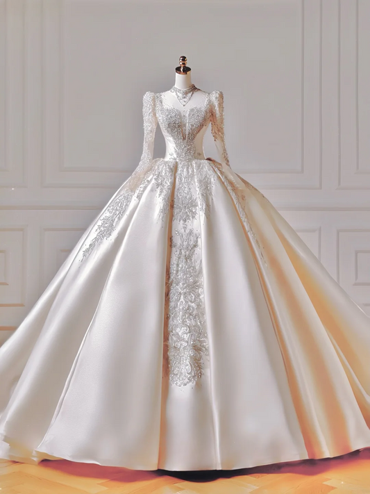 Princess Long Wedding Gowns Ball Gown Square Neck For Bride With Long Sleeves Appliques Beaded Bodice Bridal Dress AQ043