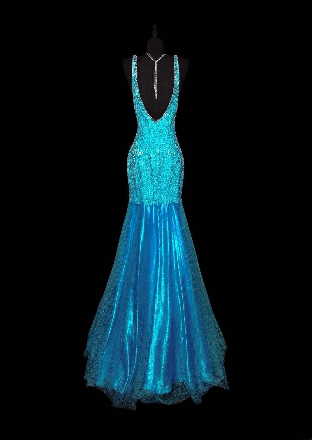 Vintage Meerjungfrauen-Abendkleid aus den 1950er Jahren, blauer Satin mit Applikationen, langes Ballkleid für den Schulabschlussball, AS043