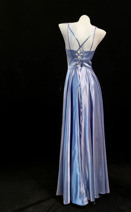 Robe de bal longue lilas à fines bretelles et foulard, coupe trapèze, style simple, avec foulard intégré (AS043)