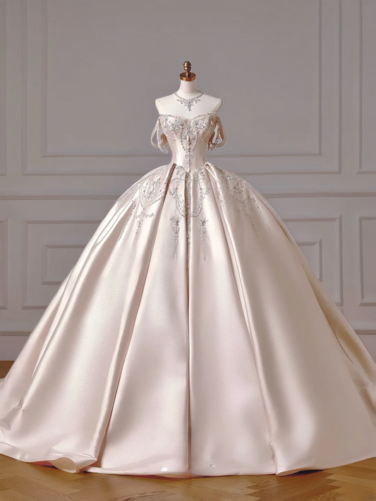 Princess Long Wedding Gowns Ball Gown Sweetheart Sleeveless Light Pink Satin For Bride With Beads Train Bridal Dresses AQ047