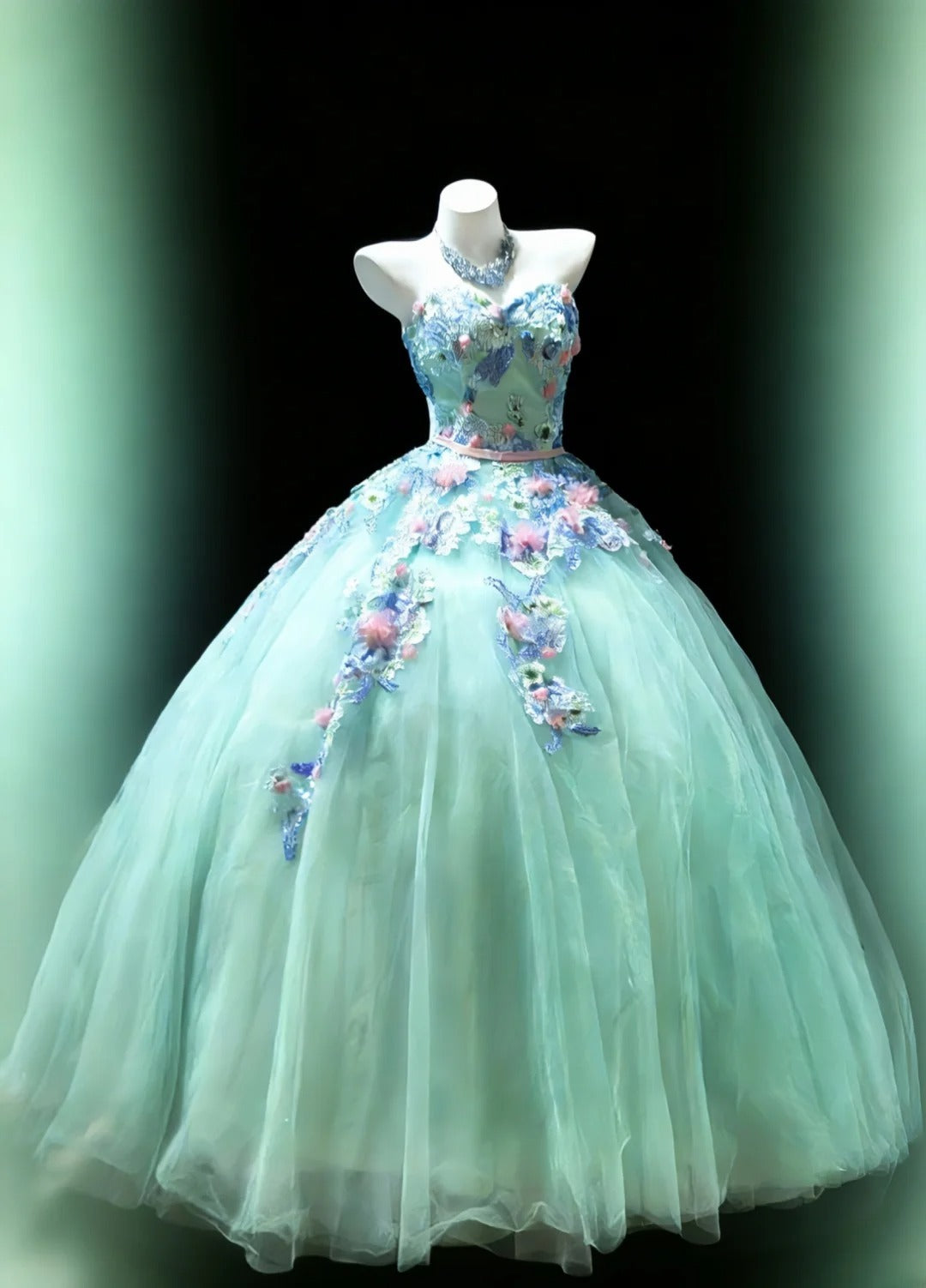 Niedliches, ärmelloses, blaues Ballkleid mit Herzausschnitt und Applikationen aus Tüll, langes Kleid für Quinceañera, Sweet 15 und 16 Geburtstag, AS048