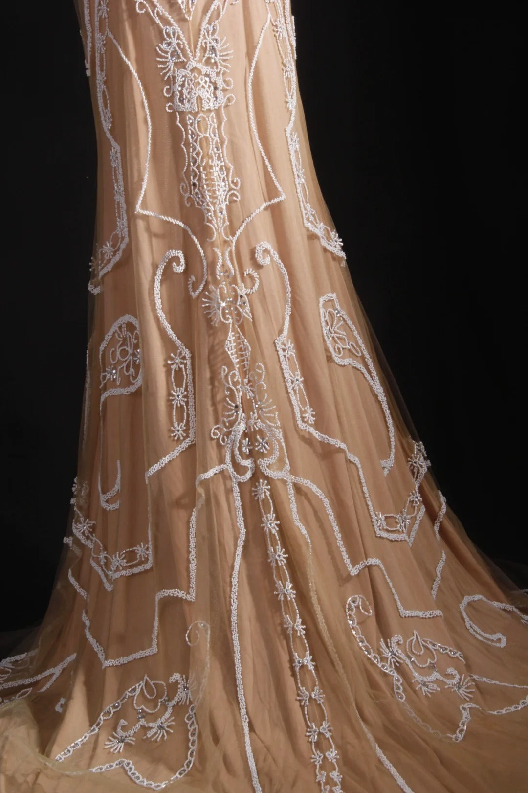 Vintage Meerjungfrauen-Abendkleid aus Tüll mit Spitze, bodenlang, champagnerfarben, AS050