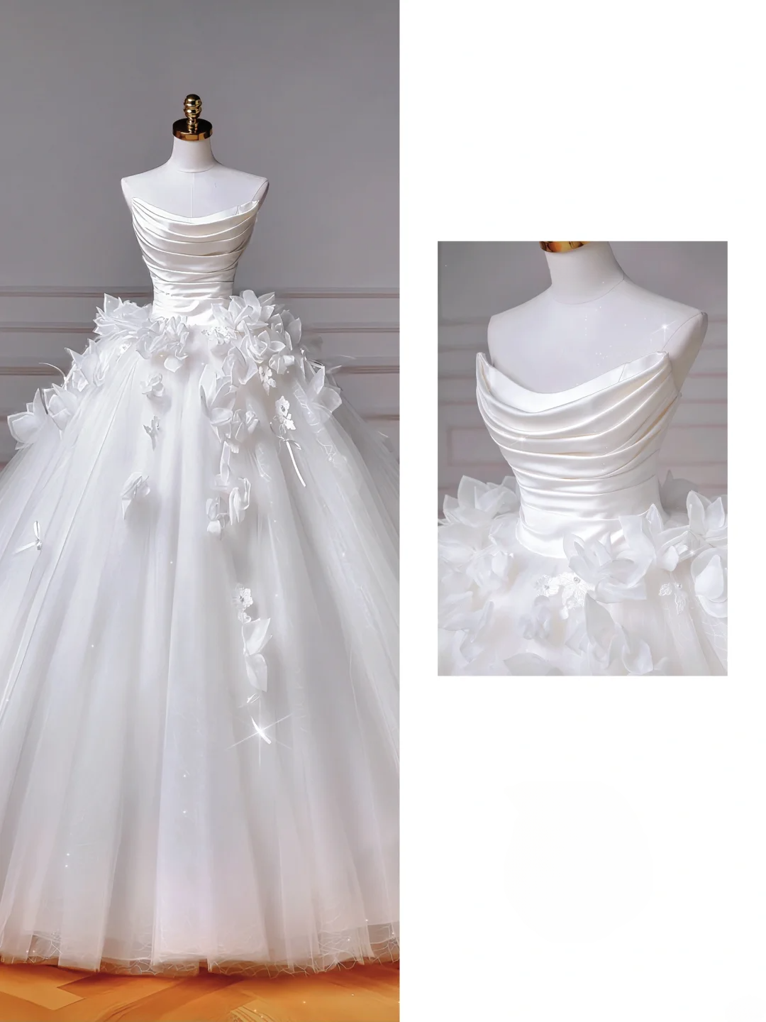 Zeitloses Brautkleid im Ballkleid-Stil, trägerlos, aus Satin und Tüll, plissiert, mit Korsett, figurbetont, langes Brautkleid AQ052