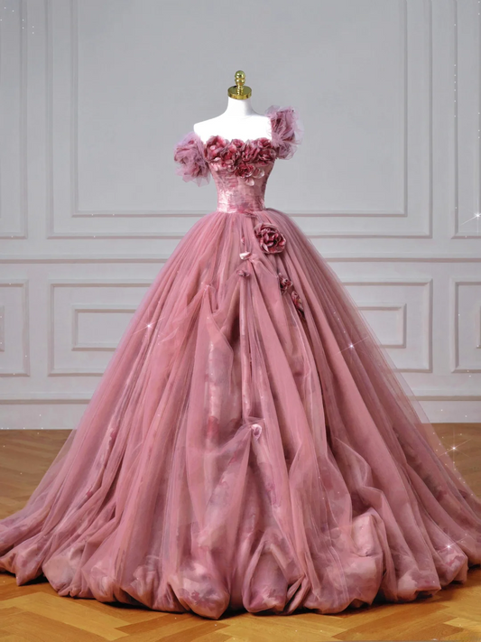 Robe de bal de fin d'année modeste pour lycéennes - Inspiration robe de bal bustier rose à fleurs, semi-formelle, longue, AQ053