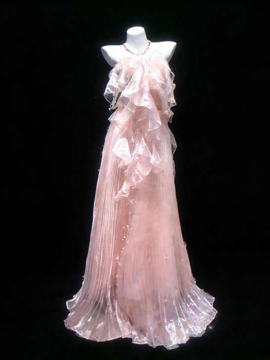 Robe de bal longue rétro chic en tulle rose sans bretelles, coupe trapèze, idéale pour les jeunes filles en terminale ou pour un 21e anniversaire (AS054)