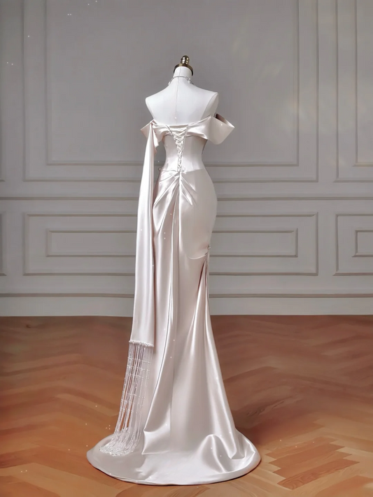 Timeless Wedding Dresses Mermaid Off The Shoulder Light Pink Satin Pleated Brides Dress Style For Brides With Corset Fitted Bridal Gowns AQ055