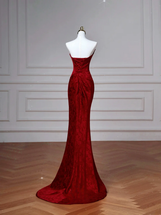 Robes de bal de fin d'année sexy pour lycéennes - Inspiration sirène sans bretelles en satin bordeaux - Robe longue semi-formelle pour diplômée AQ057